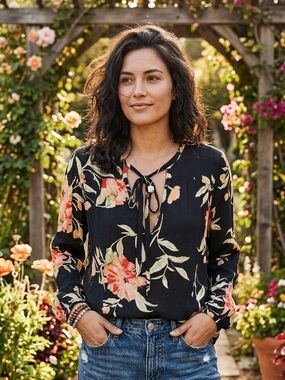 Billabong 100% Rayon Black Floral Boho Flowy Blouse